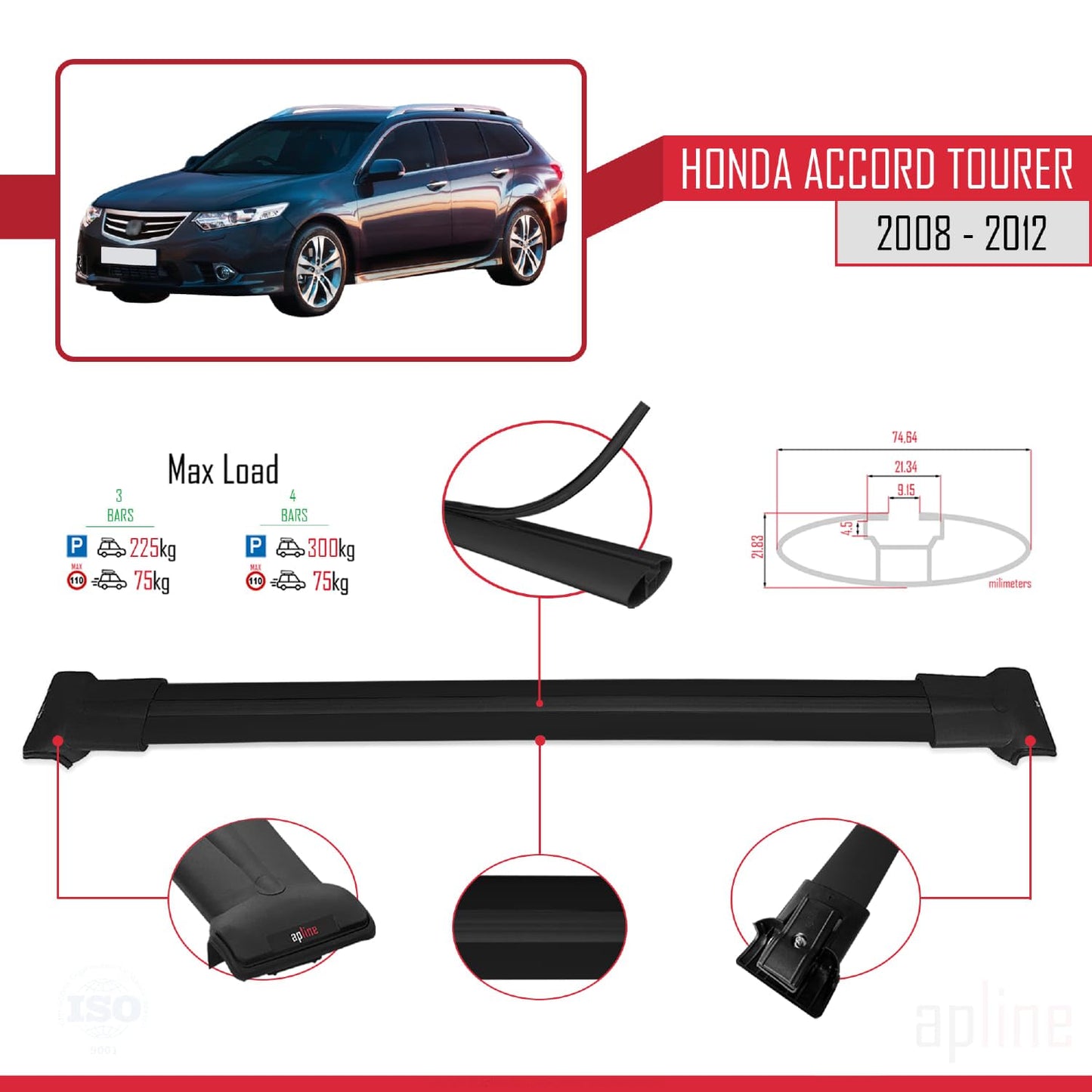 Compatible with Honda Accord Tourer 2008-2012 Fly Model Car Roof Rack Cross Bar Black Aluminium 3 Bars