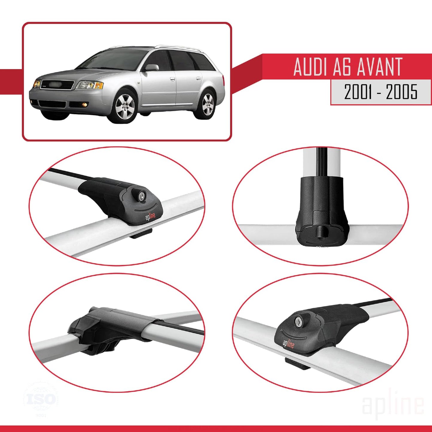 Compatible with Audi A6 Avant 2001-2005 ACE-1 Car Roof Rack Cross Bar Grey Aluminium 2 Bars