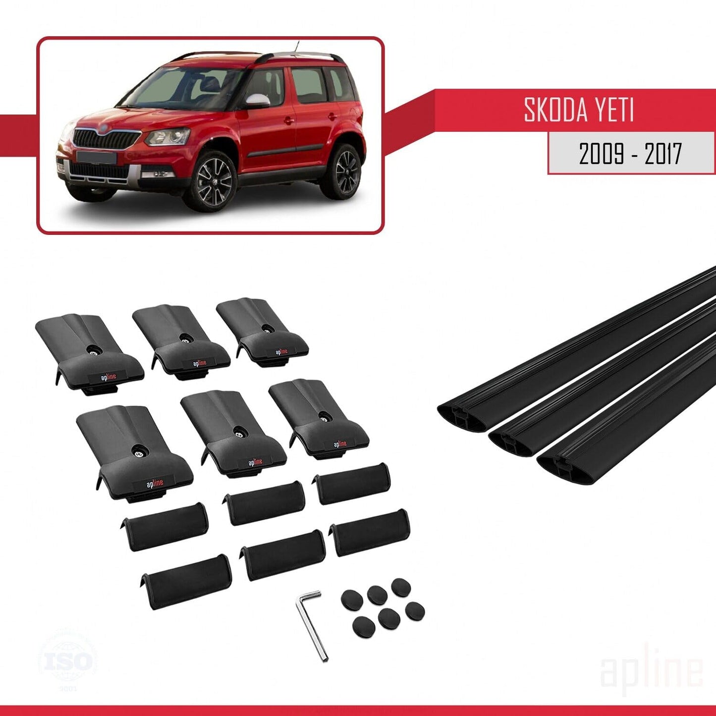 Compatible with Skoda Yeti 2009-2017 Fly Model Car Roof Rack Cross Bar Black Aluminium 3 Bars