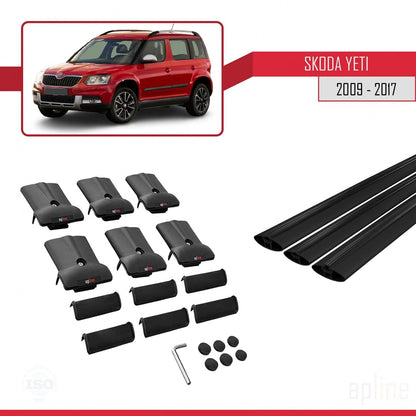 Compatible with Skoda Yeti 2009-2017 Fly Model Car Roof Rack Cross Bar Black Aluminium 3 Bars