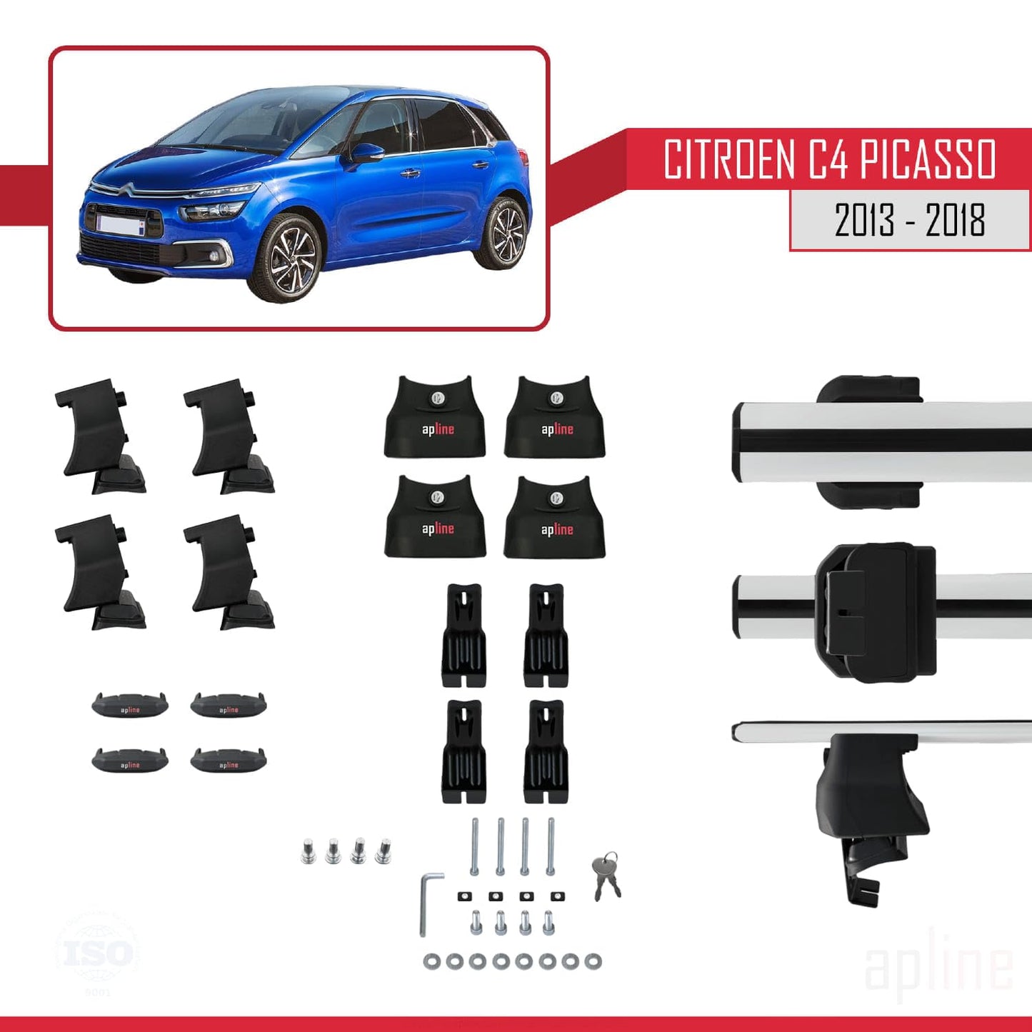 Compatible with Citroen C4 Picasso 2 2013-2018 ACE-4 Car Roof Rack Cross Bar Grey Aluminium 2 Bars