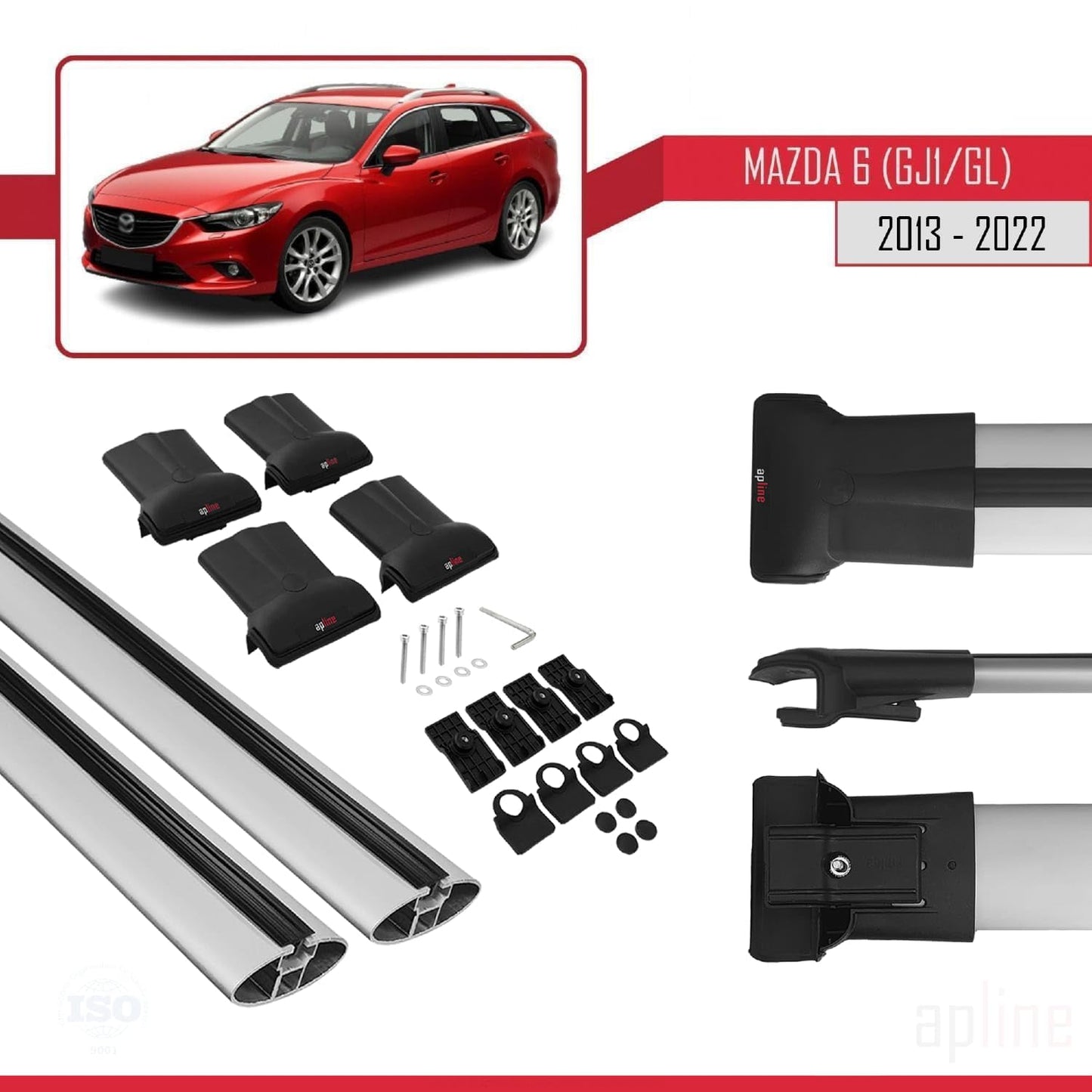 Compatible with Mazda 6 III (GJ1/GL) 2013-2022 Fly Model Car Roof Rack Cross Bar Grey Aluminium 2 Bars