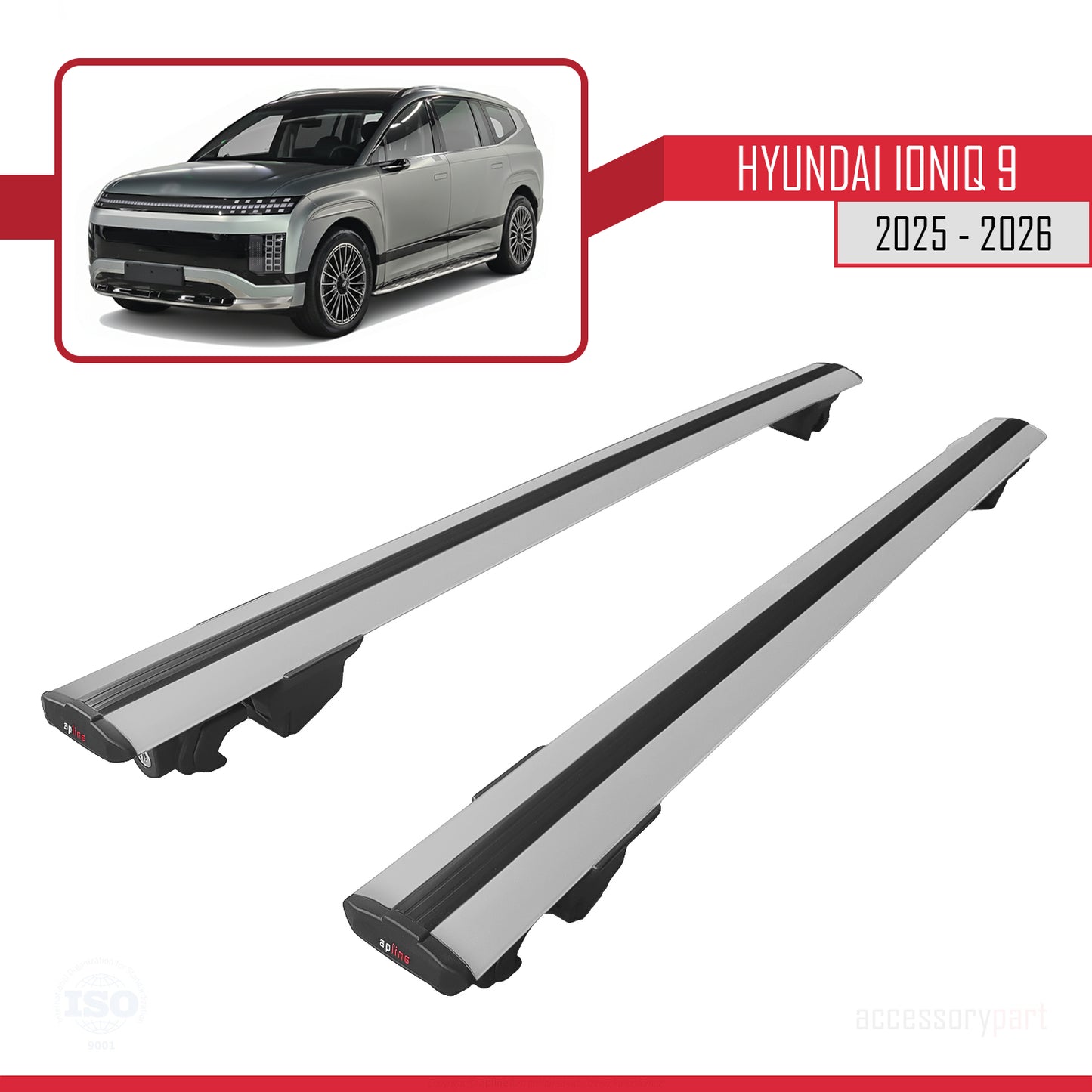 Compatible with Hyundai Ioniq 9 (ME) 2025-2026 HOOK Model Roof Rack Gray 2 Aluminium Bars
