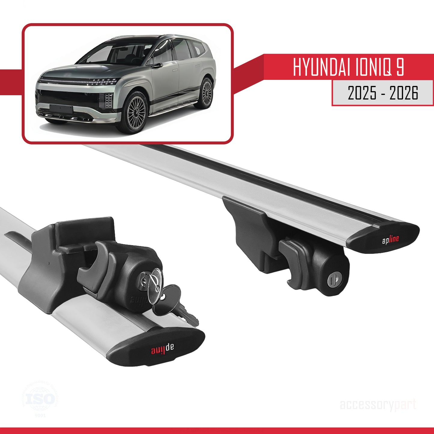 Compatible with Hyundai Ioniq 9 (ME) 2025-2026 HOOK Model Roof Rack Gray 2 Aluminium Bars