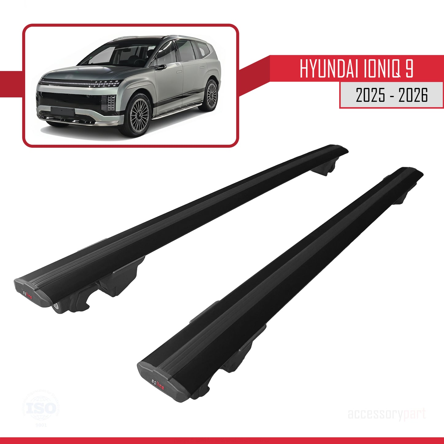 Compatible with Hyundai Ioniq 9 (ME) 2025-2026 HOOK Model Roof Rack Black 2 Aluminium Bars
