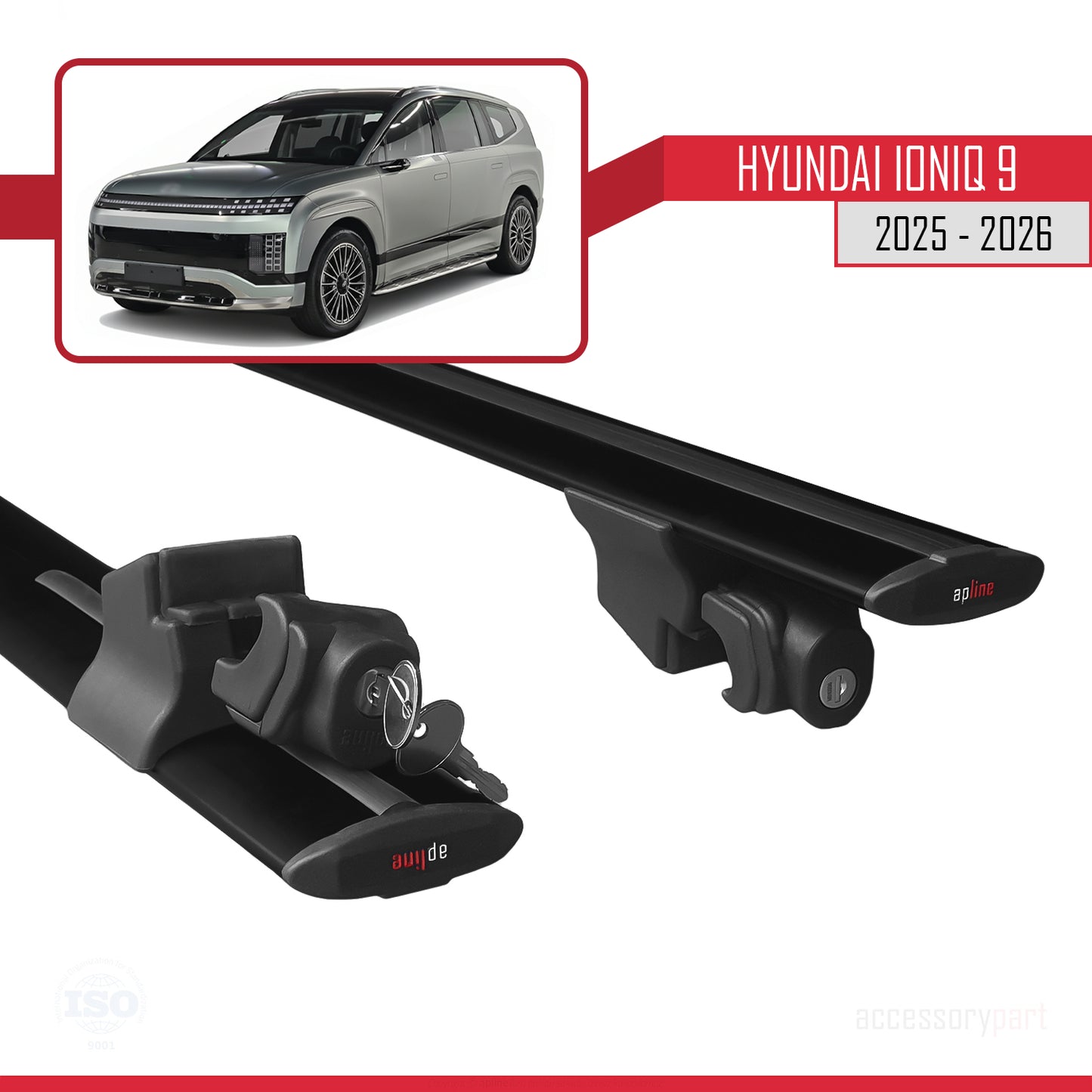 Compatible with Hyundai Ioniq 9 (ME) 2025-2026 HOOK Model Roof Rack Black 2 Aluminium Bars