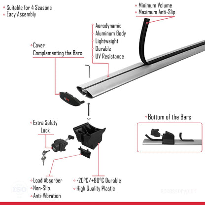 Compatible with Audi A3 Sportback (8V) 2013-2020 HOOK Model Roof Rack Gray 2 Aluminium Bars