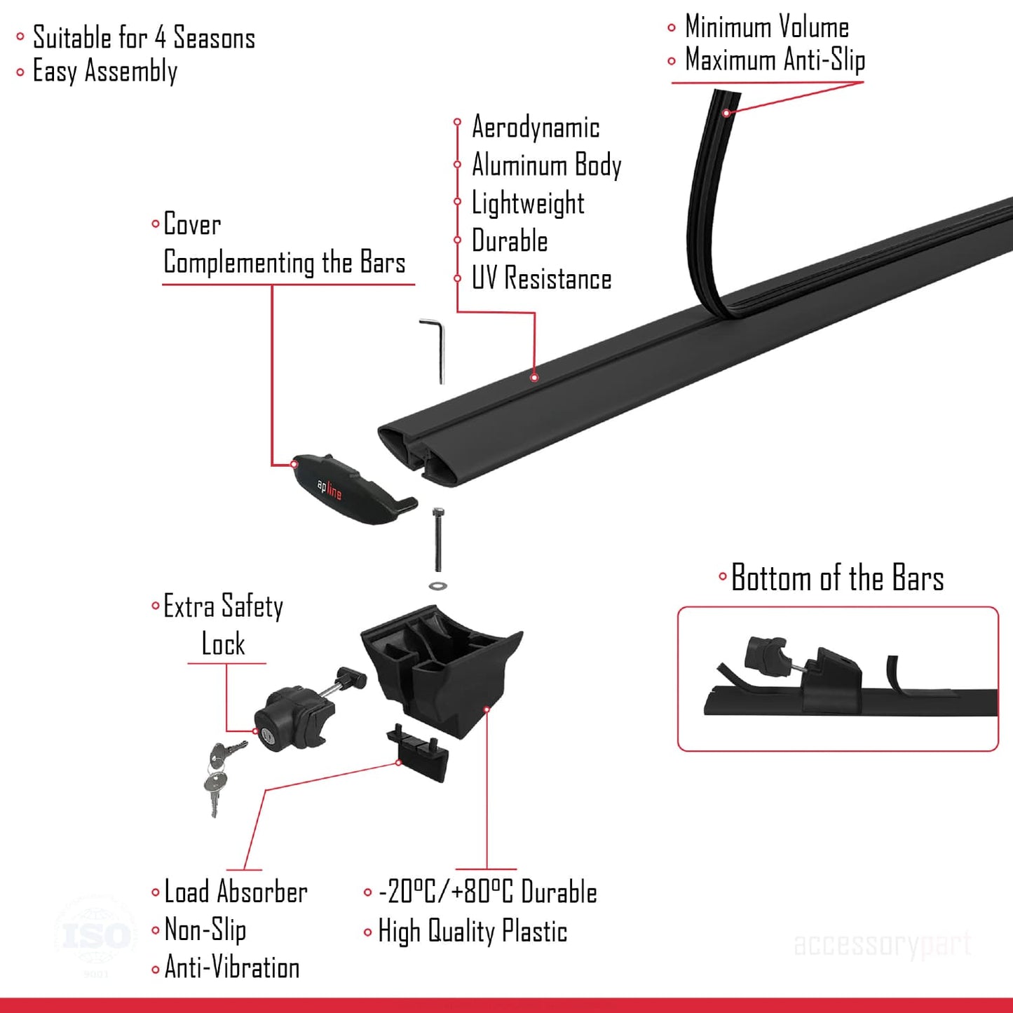 Compatible with Audi A3 (8PA) Sportback 2004-2012 HOOK Model Roof Rack Black 2 Aluminium Bars