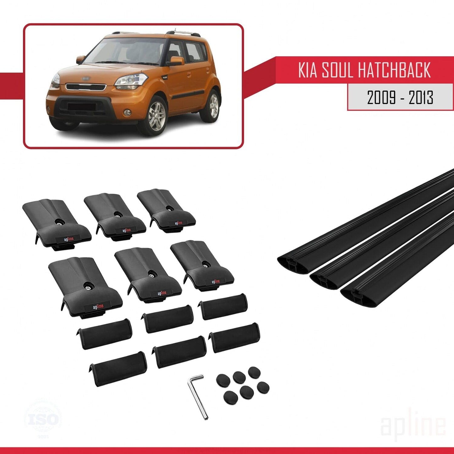 Compatible with Kia Soul (AM) HB 2009-2013 Fly Model Car Roof Rack Cross Bar Black Aluminium 3 Bars