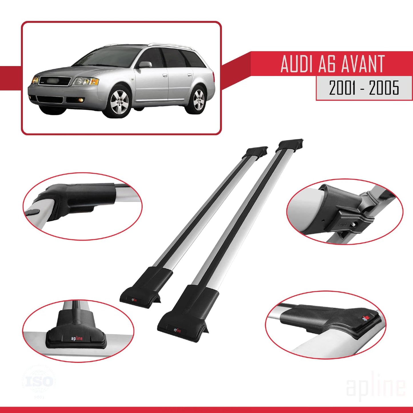 Compatible with Audi A6 Avant 2001-2005 Fly Model Car Roof Rack Cross Bar Grey Aluminium 2 Bars