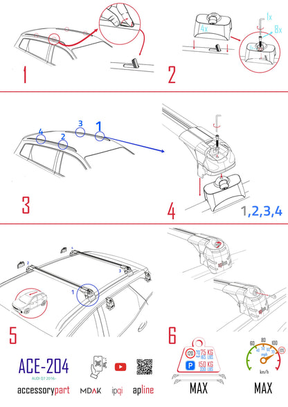 Compatible with Audi Q7 (4M) 2016-2025 ACE-2 Car Roof Rack Cross Bar Black Aluminium 2 Bars