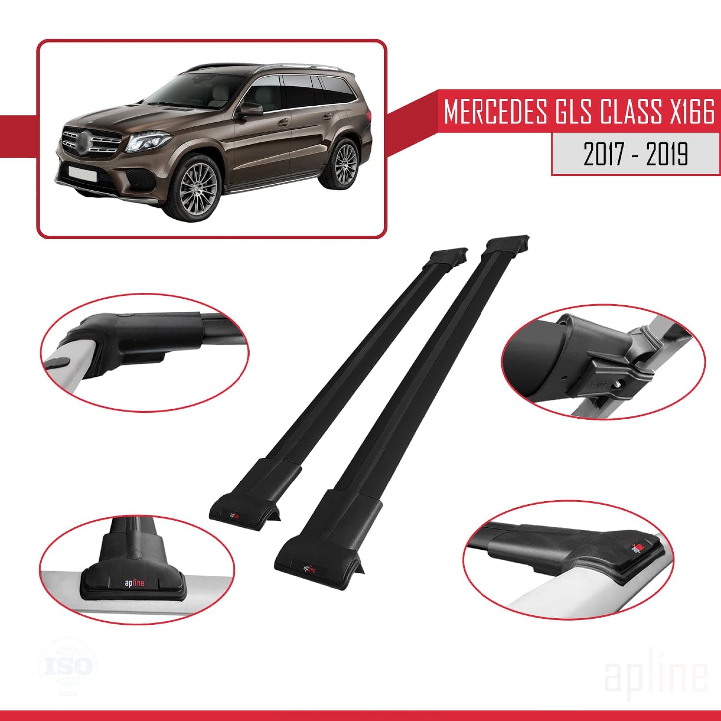 Compatible with Mercedes GLS Class X166 2017-2019 Fly Model Car Roof Rack Cross Bar Black Aluminium 2 Bars
