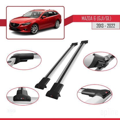Compatible with Mazda 6 III (GJ1/GL) 2013-2022 Fly Model Car Roof Rack Cross Bar Grey Aluminium 2 Bars