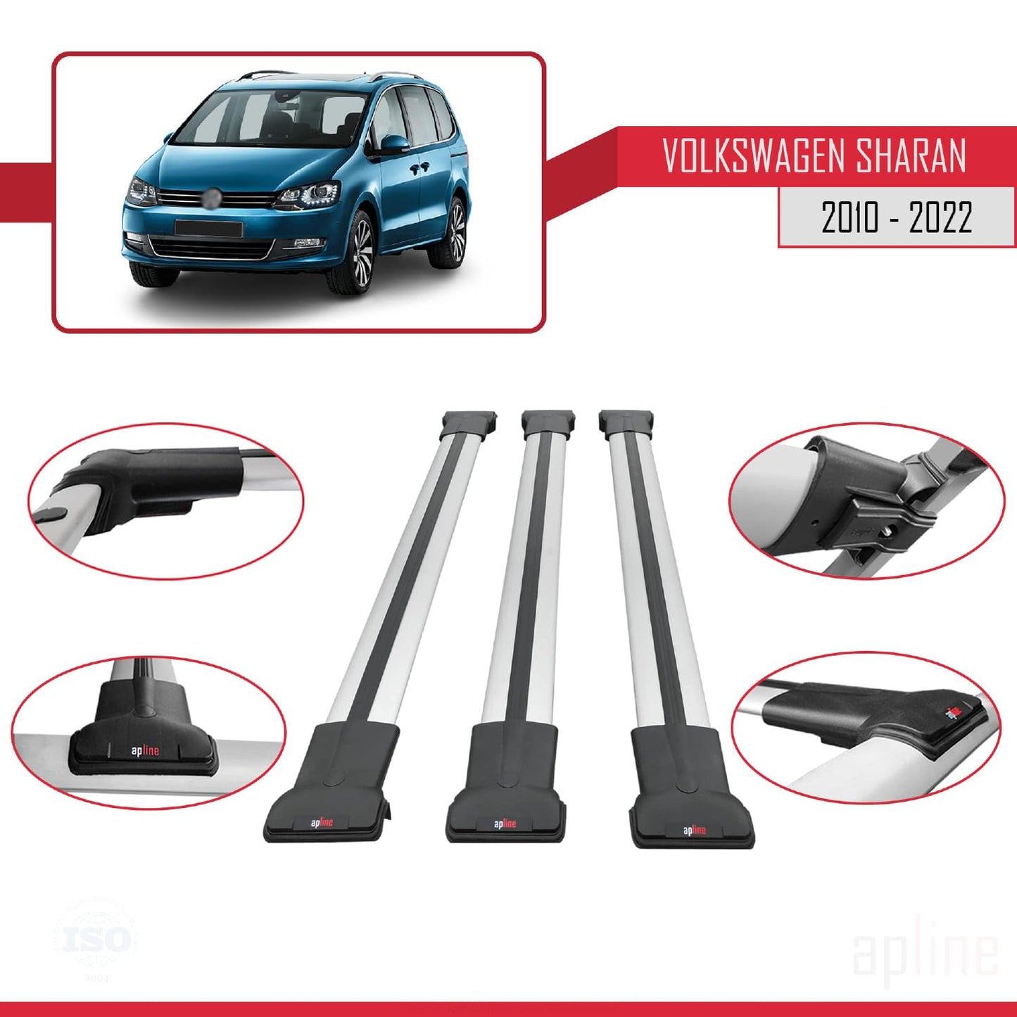 Compatible with Volkswagen Sharan 2 (7N) 2010-2022 Fly Model Car Roof Rack Cross Bar Grey Aluminium 3 Bars