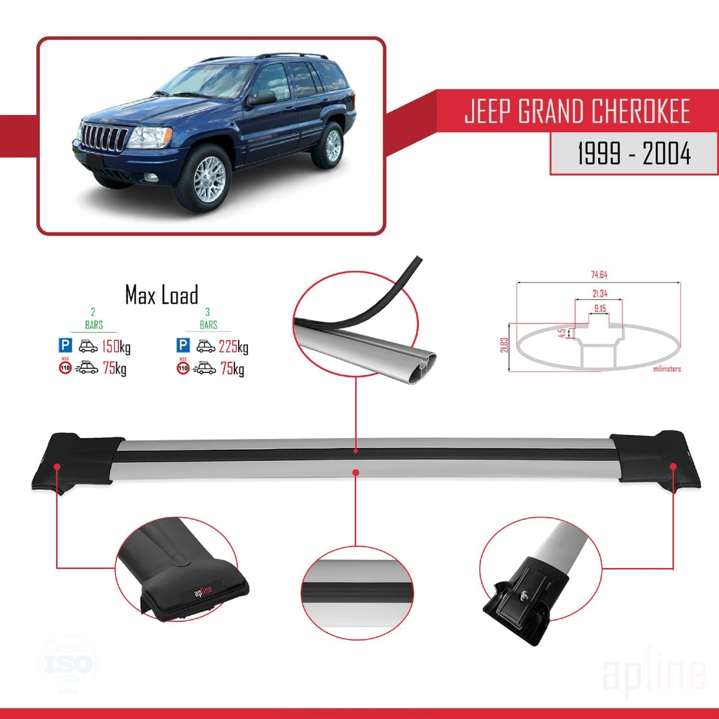 Compatible with Jeep Grand Cherokee 2 (WJ) 1999-2004 Fly Model Car Roof Rack Cross Bar Grey Aluminium 2 Bars