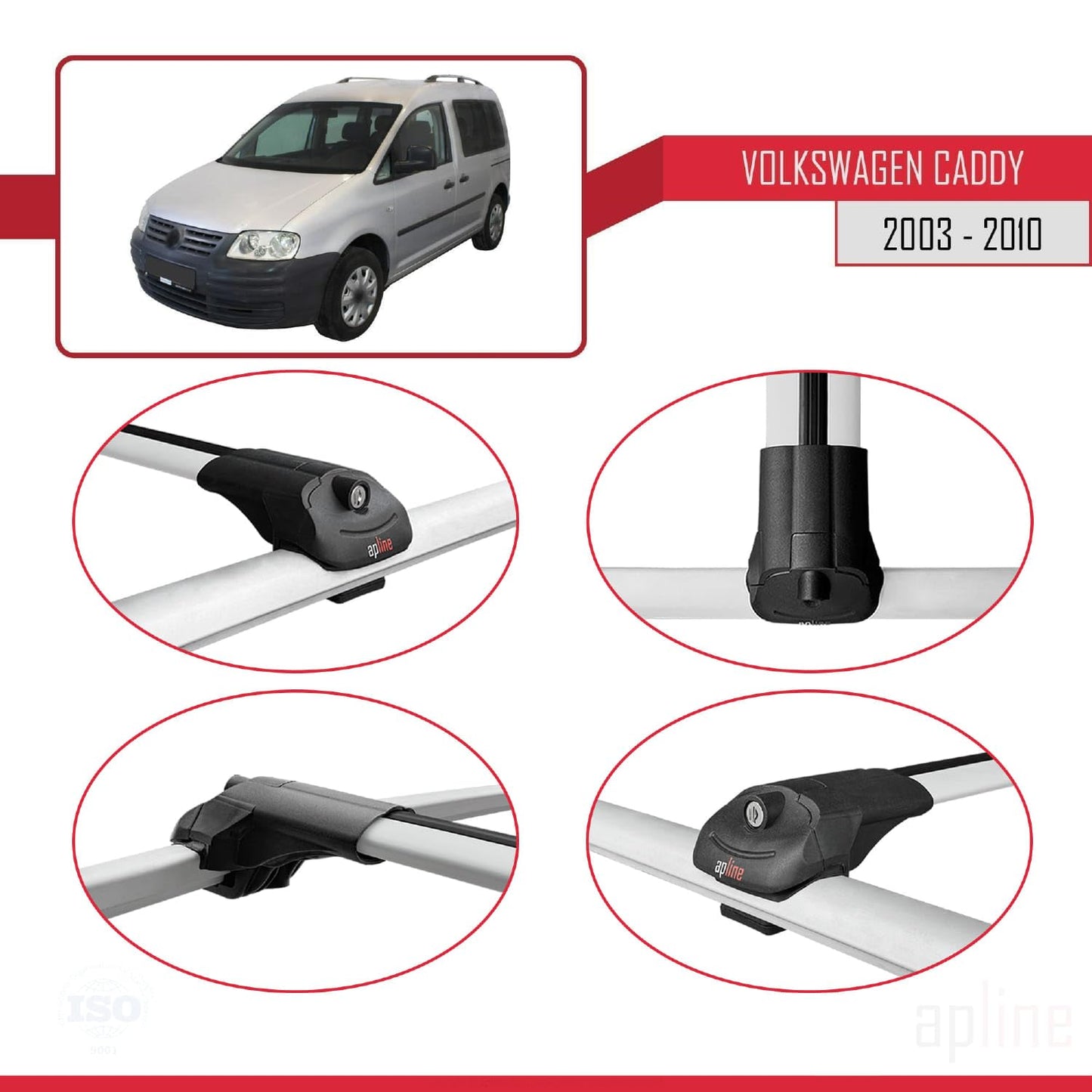 Compatible with Volkswagen Caddy 3 (2K) 2003-2010 ACE-1 Car Roof Rack Cross Bar Grey Aluminium 4 Bars