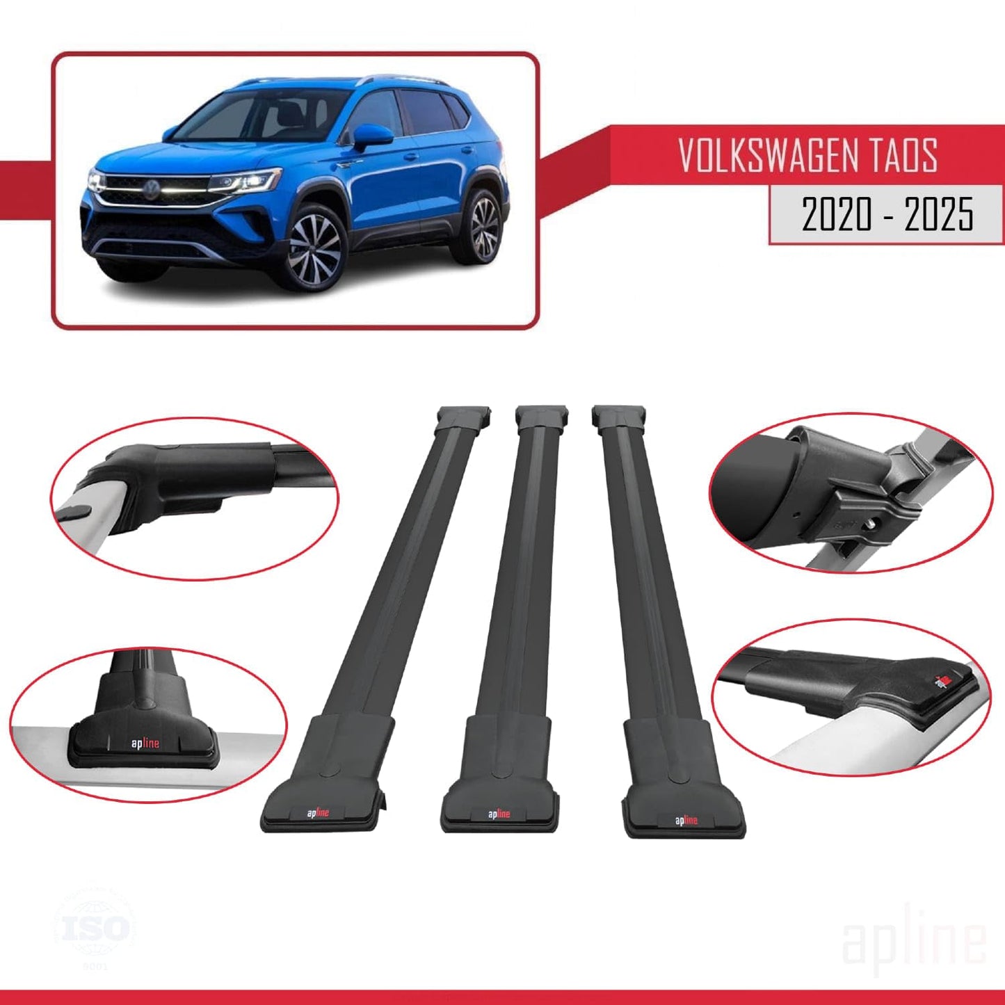 Compatible with Volkswagen Taos 2021-2025 Fly Model Car Roof Rack Cross Bar Black Aluminium 3 Bars