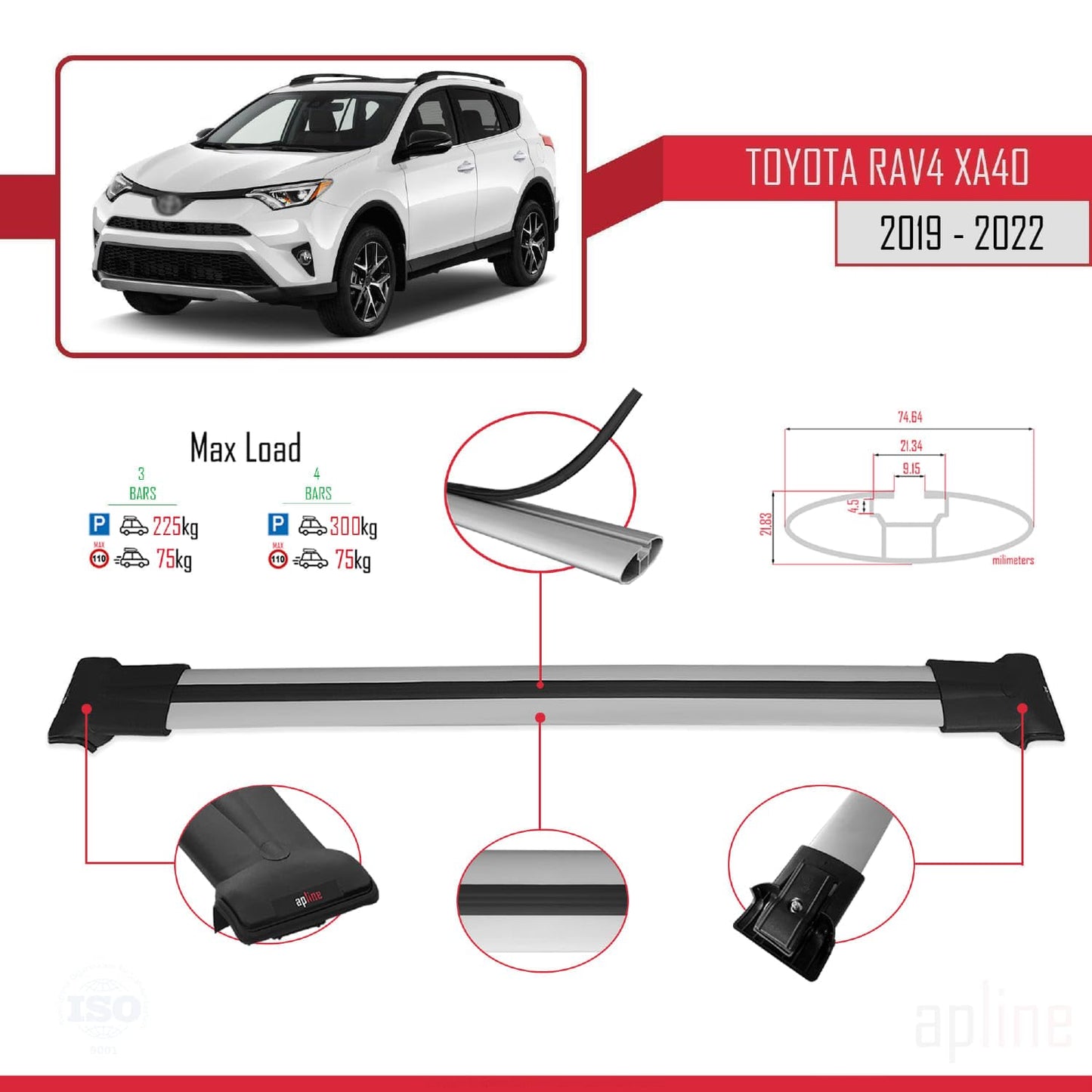 Compatible with Toyota RAV4 IV (XA40) Post-Facelift 2016-2018 Fly Model Car Roof Rack Cross Bar Grey Aluminium 3 Bars