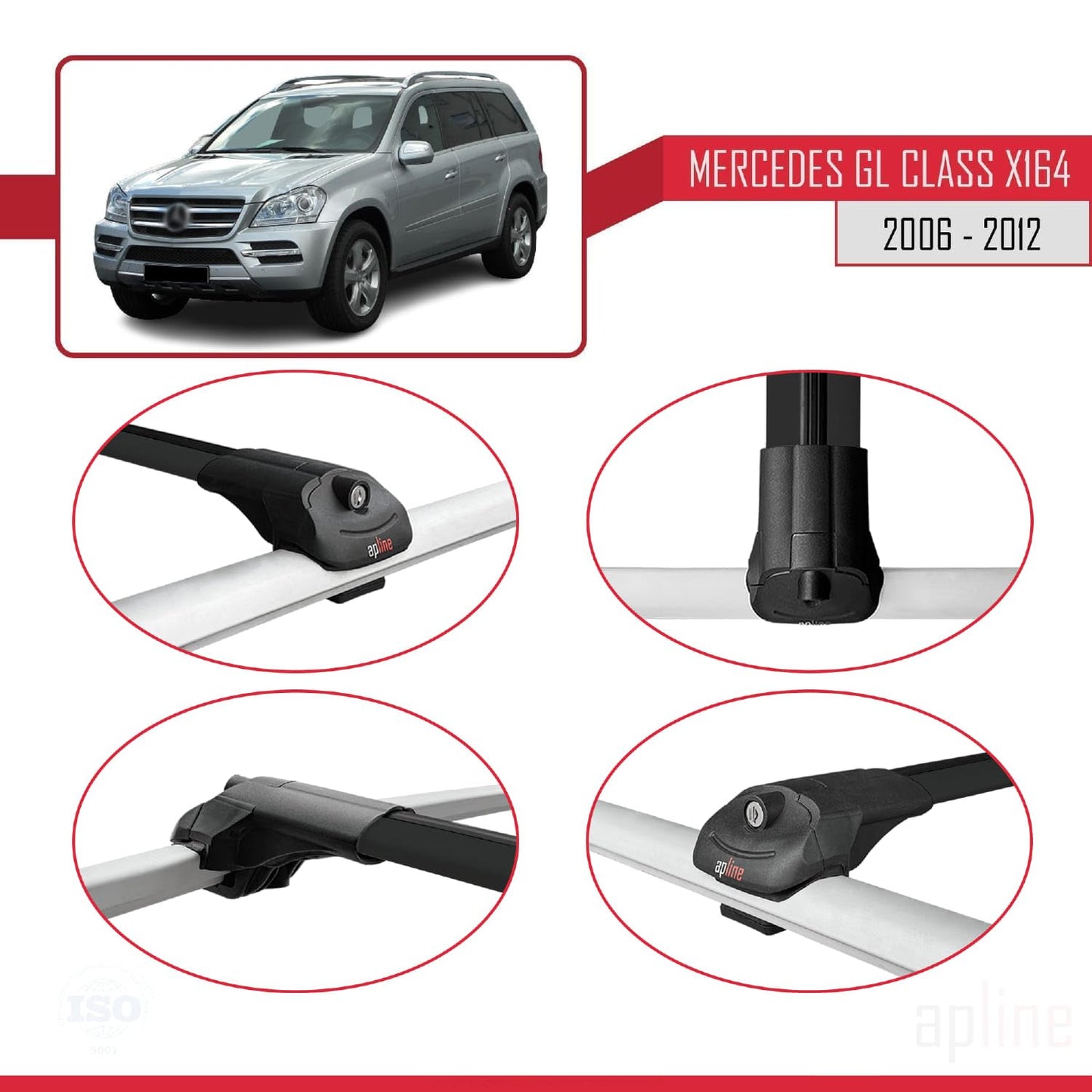 Compatible with Mercedes GL Class (X164) 2006-2012 ACE-1 Car Roof Rack Cross Bar Black Aluminium 3 Bars