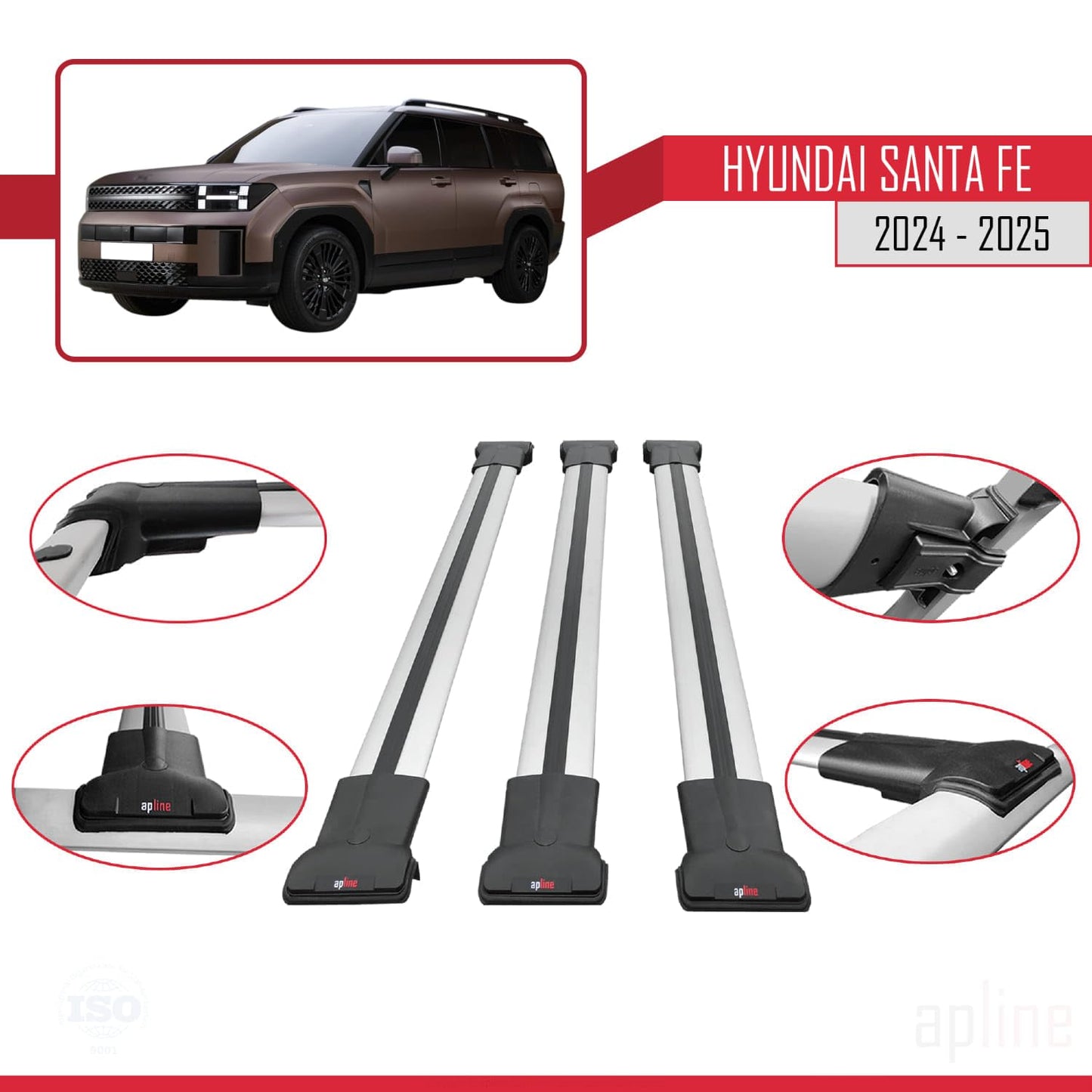 Compatible with Hyundai Santa Fe 2024-2025 Fly Model Car Roof Rack Cross Bar Grey Aluminium 3 Bars