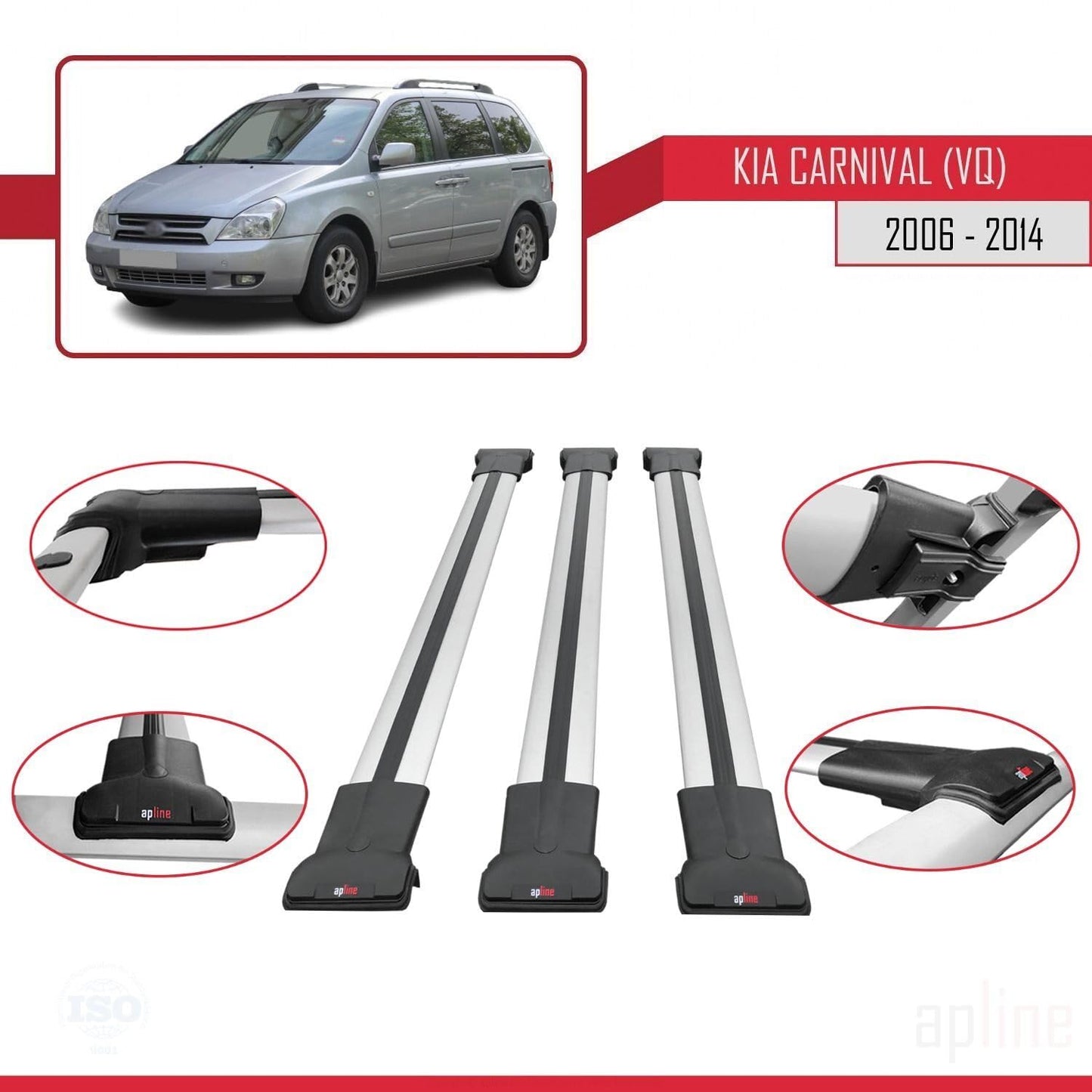 Compatible with Kia Carnival 2 (VQ) 2006-2014 Fly Model Car Roof Rack Cross Bar Grey Aluminium 3 Bars
