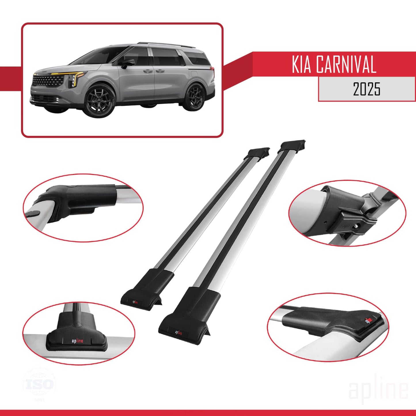 Compatible with Kia Carnival 2025 Fly Model Car Roof Rack Cross Bar Grey Aluminium 2 Bars