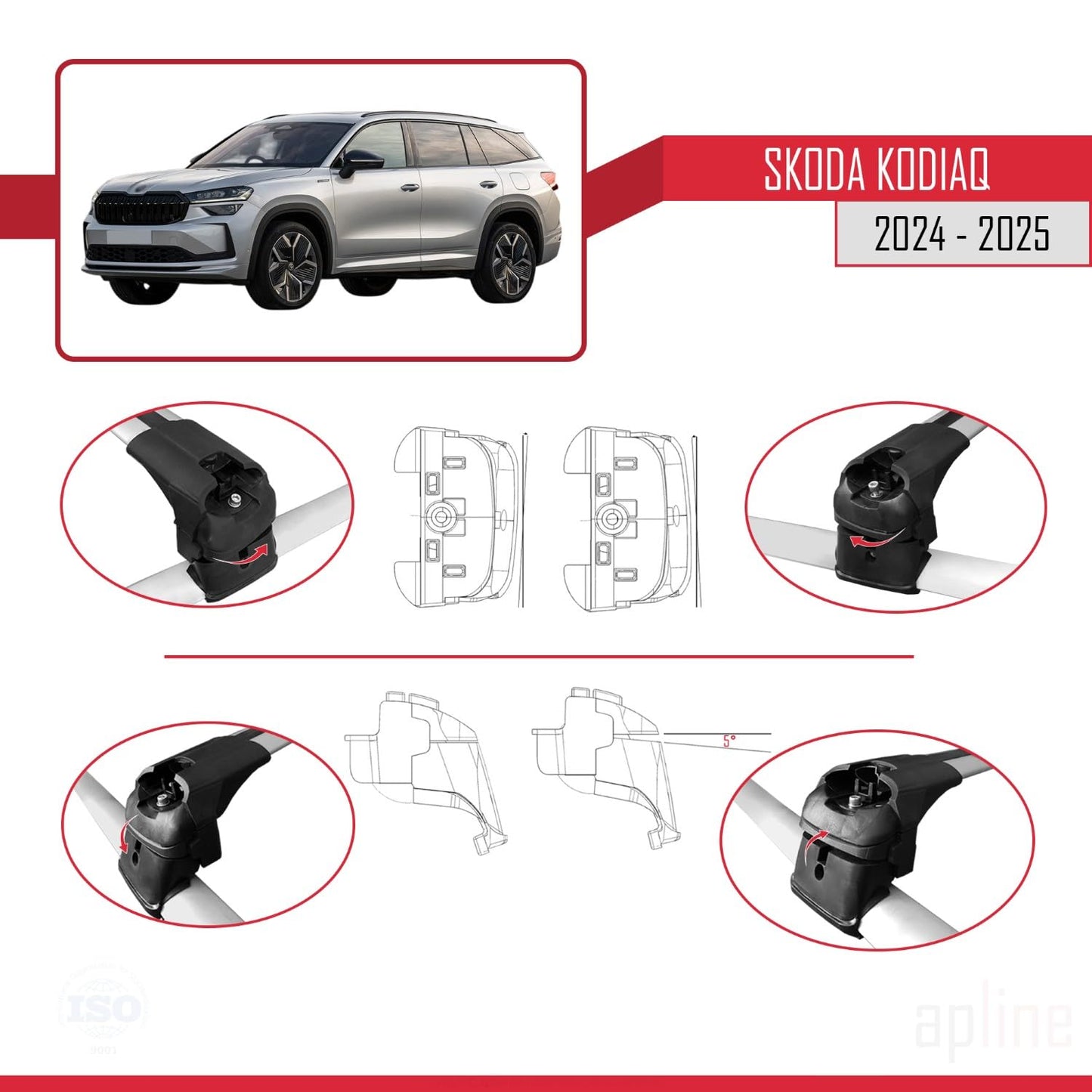 Compatible with Skoda Kodiaq 2024-2025 ACE-2 Car Roof Rack Cross Bar Grey Aluminium 2 Bars