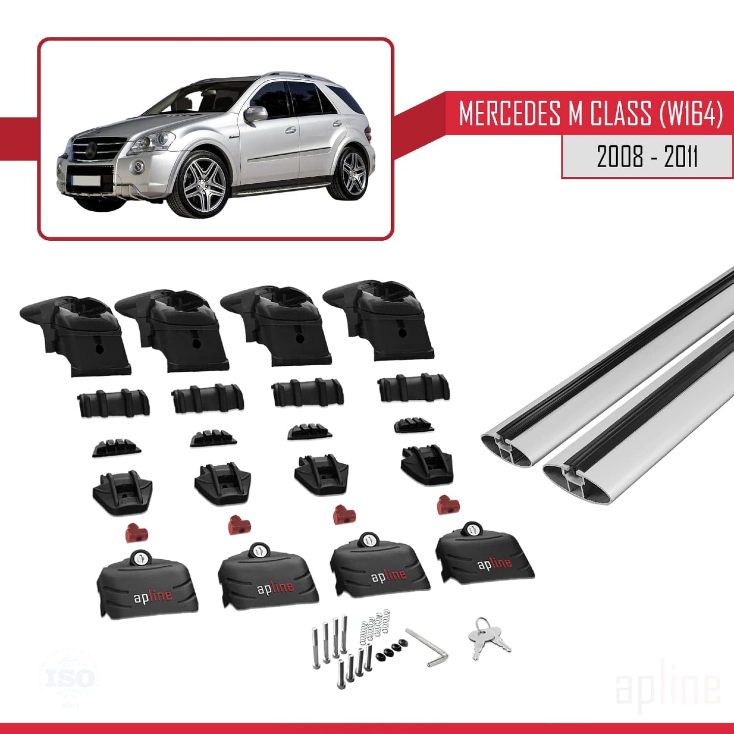 Compatible with Mercedes M Class 2 (W164) Post-Facelift 2008-2011 ACE-2 Car Roof Rack Cross Bar Grey Aluminium 2 Bars