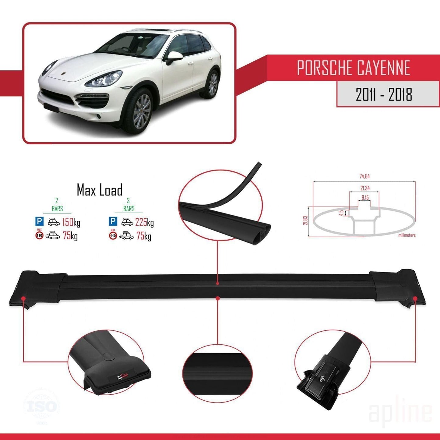 Compatible with Porsche Cayenne 2 (92A) 2011-2018 Fly Model Car Roof Rack Cross Bar Black Aluminium 2 Bars