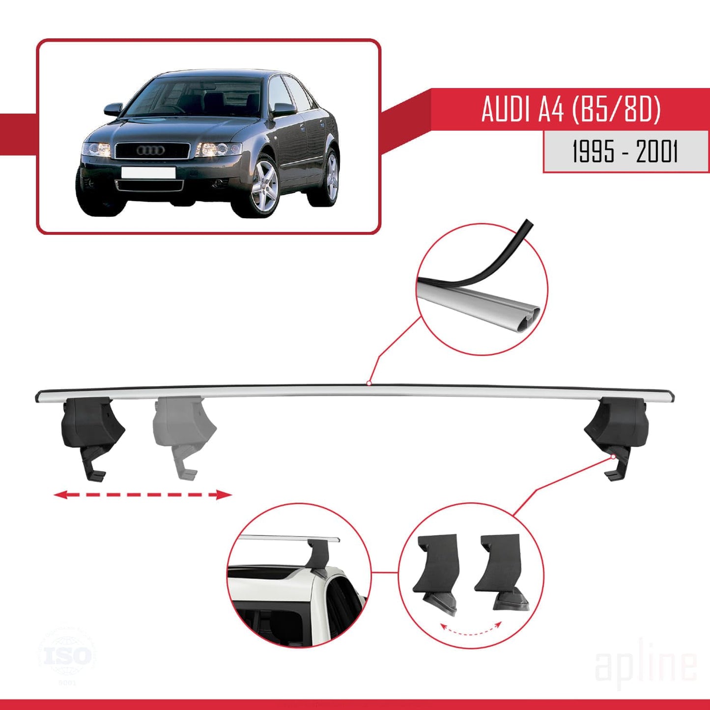 Compatible with Audi A4 (B5) 1995-2001 ACE-4 Car Roof Rack Cross Bar Grey Aluminium 2 Bars