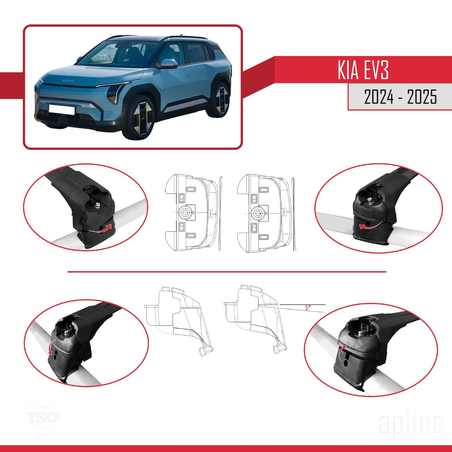 Compatible with Kia EV3 2024-2025 ACE-2 Car Roof Rack Cross Bar Black Aluminium 2 Bars