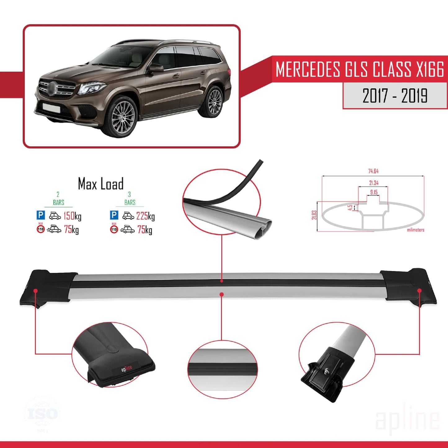 Compatible with Mercedes GLS Class X166 2017-2019 Fly Model Car Roof Rack Cross Bar Grey Aluminium 2 Bars