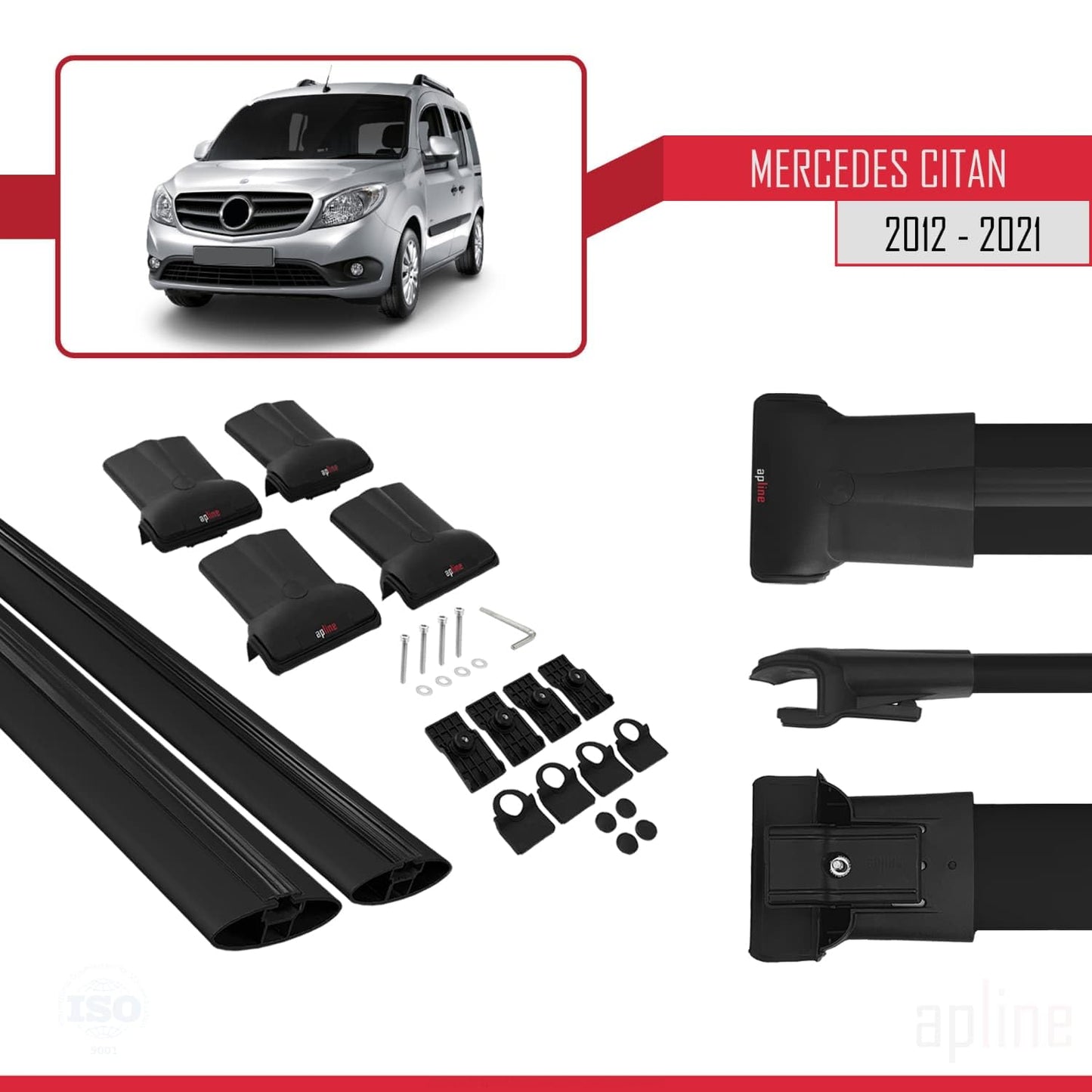 Compatible with Mercedes Citan (W415) 2012-2021 Fly Model Car Roof Rack Cross Bar Black Aluminium 2 Bars