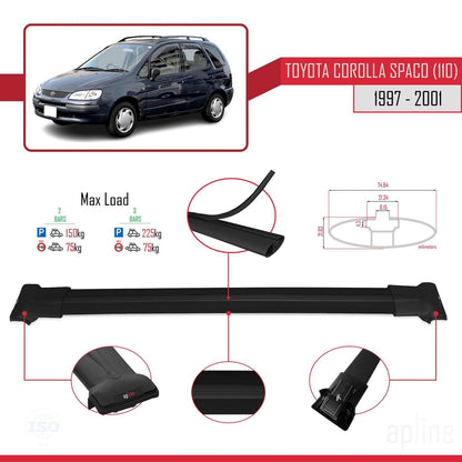 Compatible with Toyota Corolla Spacio (E110) 1997-2001 Fly Model Car Roof Rack Cross Bar Black Aluminium 2 Bars