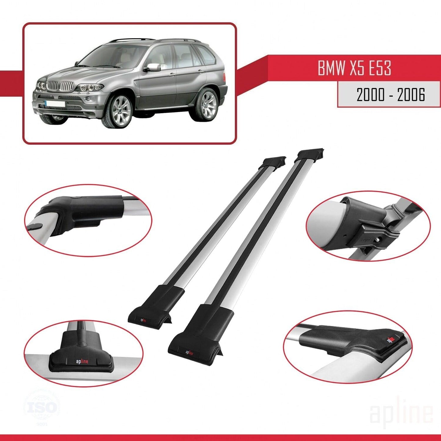 Compatible with BMW X5 (E53) 2000-2006 Fly Model Car Roof Rack Cross Bar Grey Aluminium 2 Bars