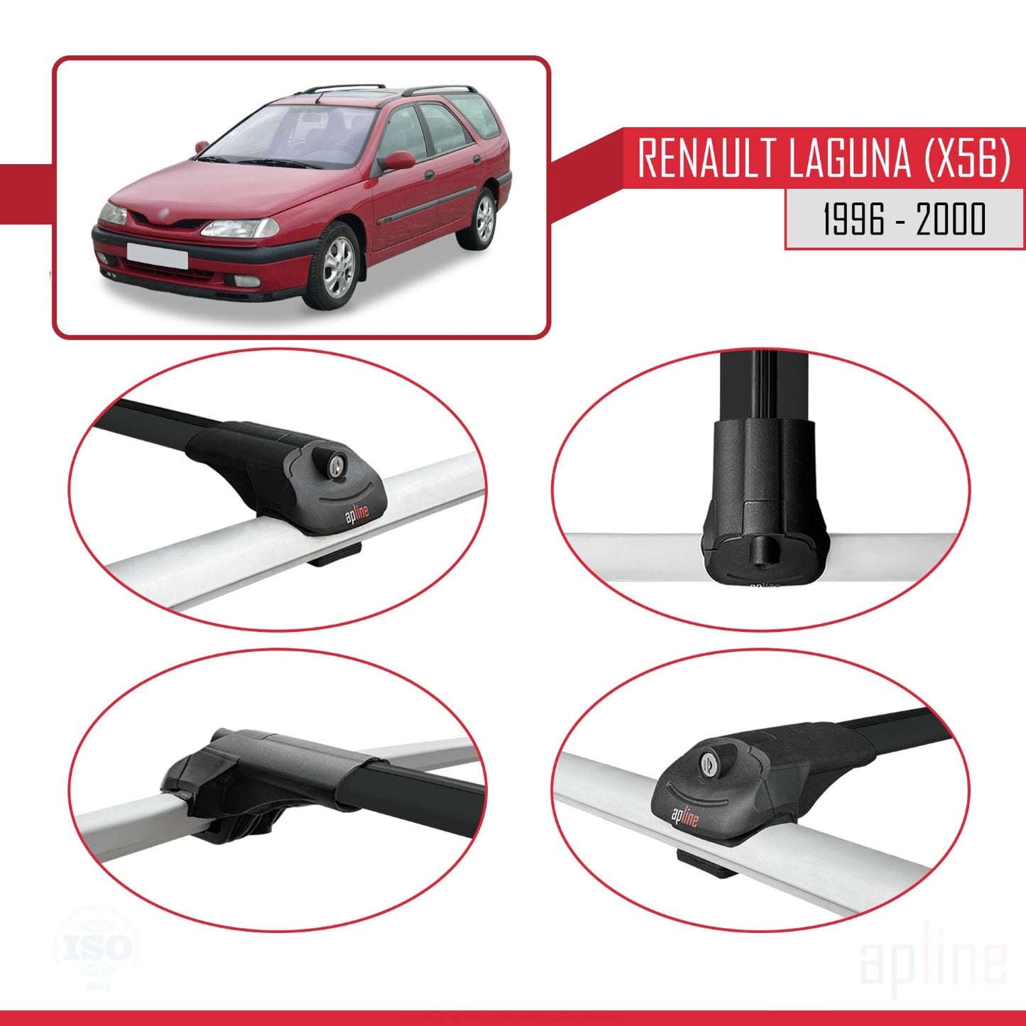 Compatible with Renault Laguna (X56) 1996-200 ACE-1 Car Roof Rack Cross Bar Black Aluminium 3 Bars