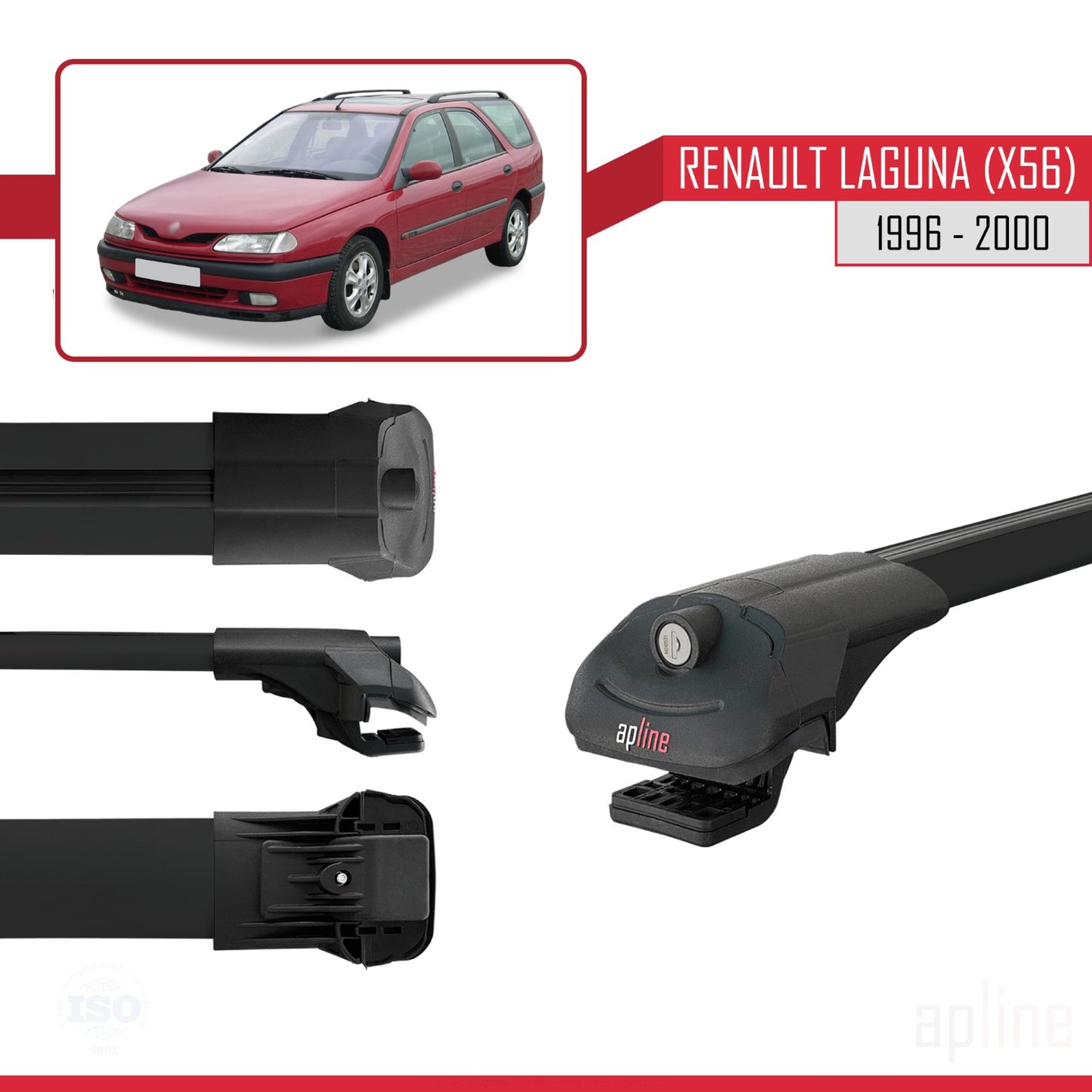 Compatible with Renault Laguna (X56) 1996-200 ACE-1 Car Roof Rack Cross Bar Black Aluminium 2 Bars