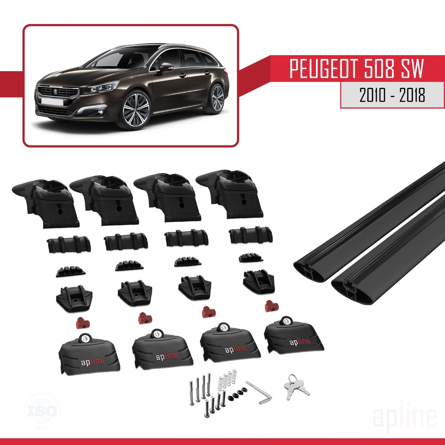 Compatible with Peugeot 508 SW 2010-2018 ACE-2 Car Roof Rack Cross Bar Black Aluminium 2 Bars