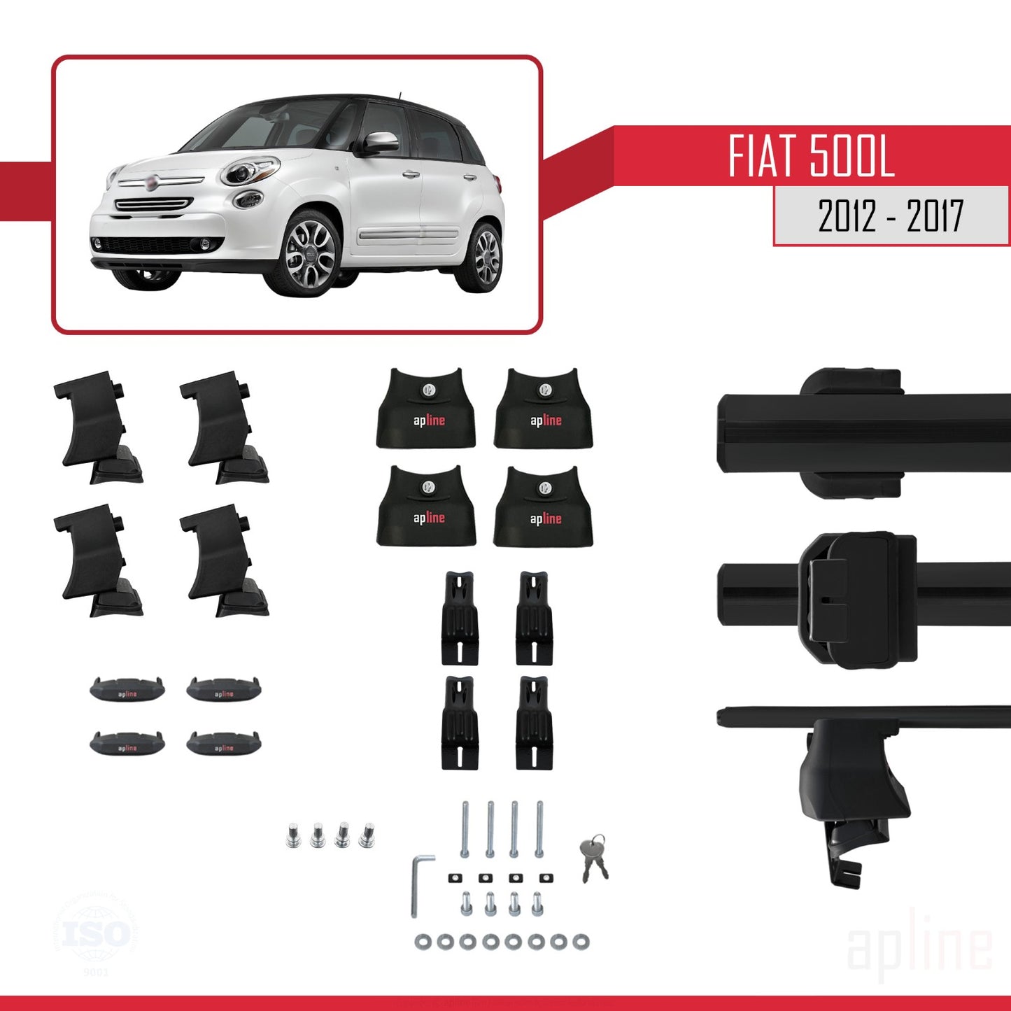 Compatible with Fiat 500 L 2012-2017 ACE-4 Car Roof Rack Cross Bar Black Aluminium 2 Bars