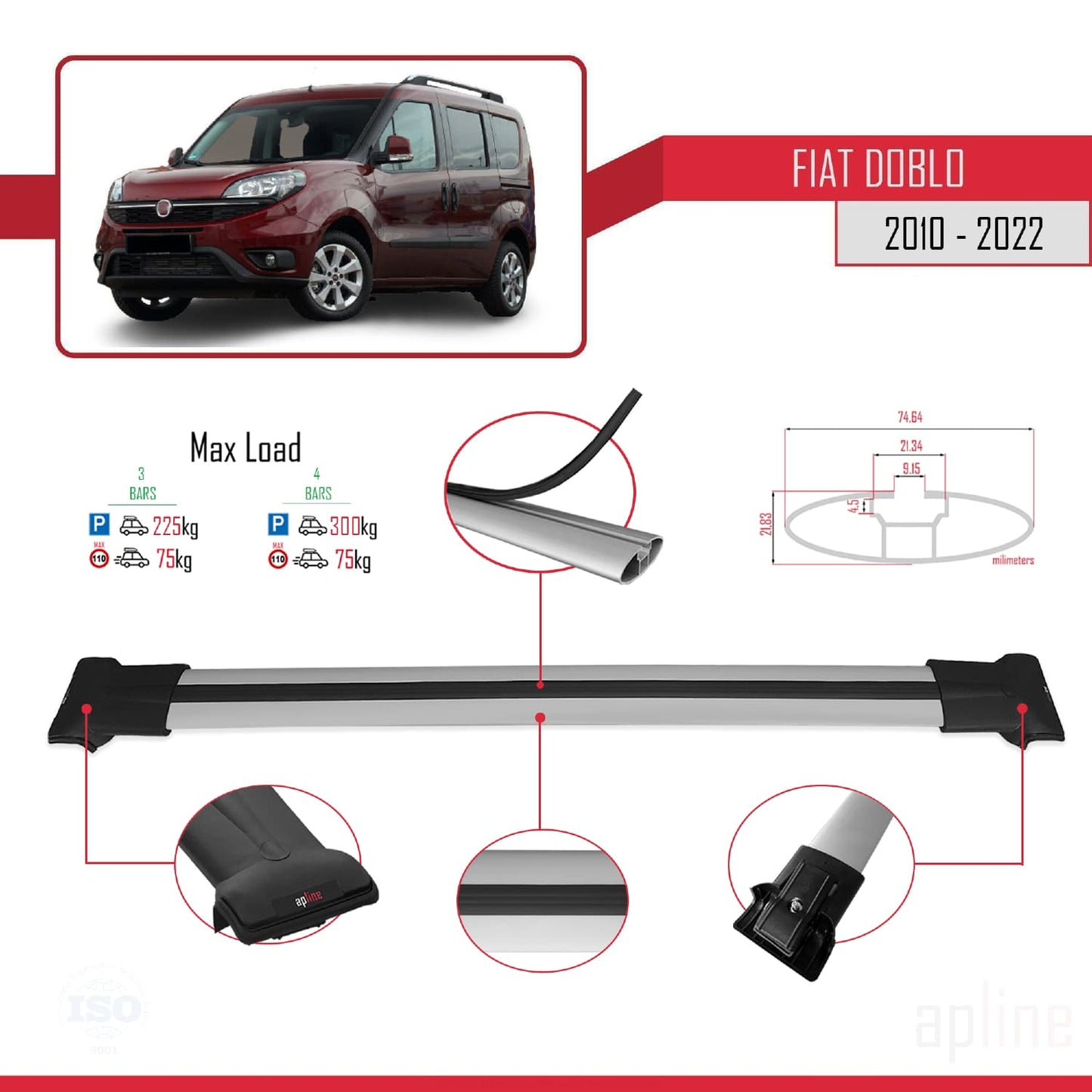 Compatible with Fiat Doblo 2 2010-2022 FLY Model Car Roof Rack Cross Bar Grey Aluminium 3 Bars