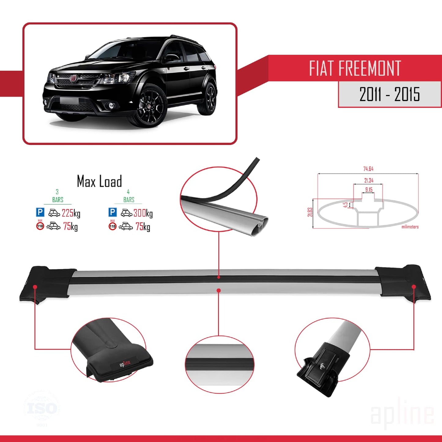 Compatible with Fiat Freemont 2011-2015 FLY Model Car Roof Rack Cross Bar Grey Aluminium 3 Bars