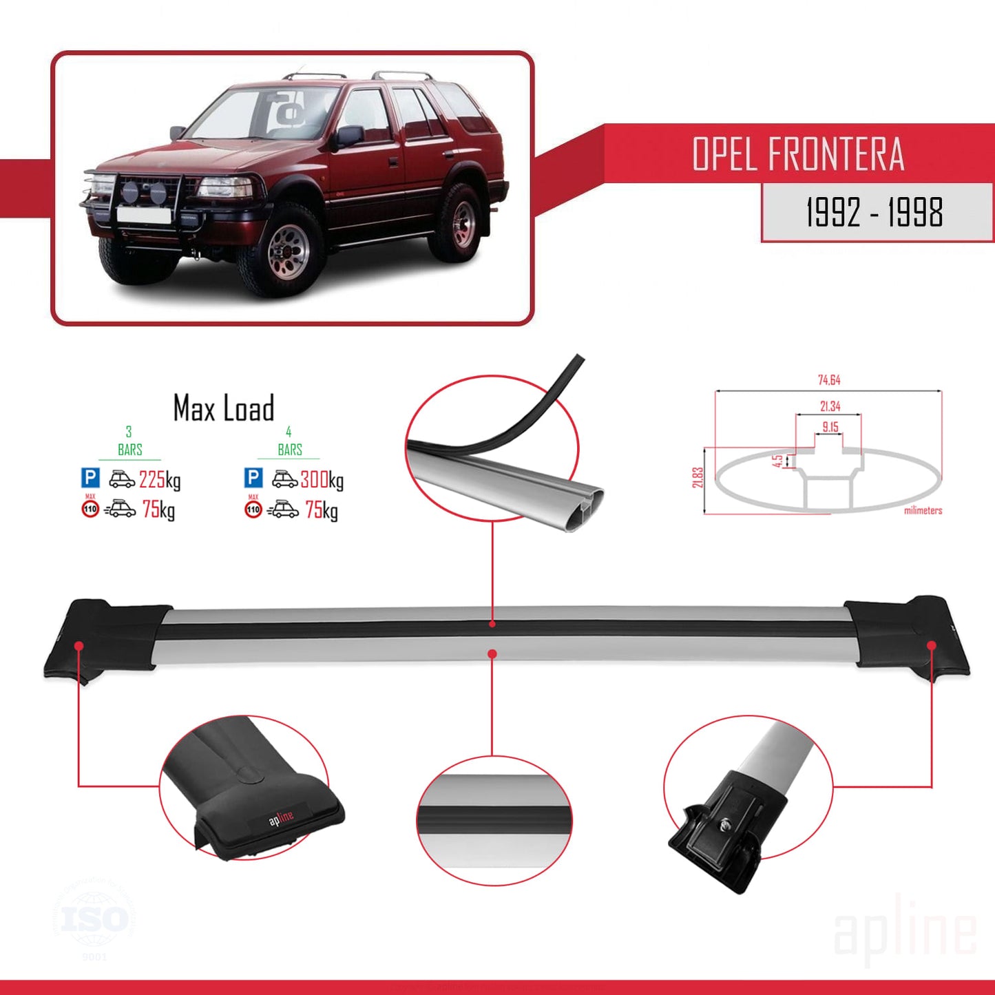 Compatible with Opel Frontera 1992-1998 FLY Model Car Roof Rack Cross Bar Grey Aluminium 3 Bars