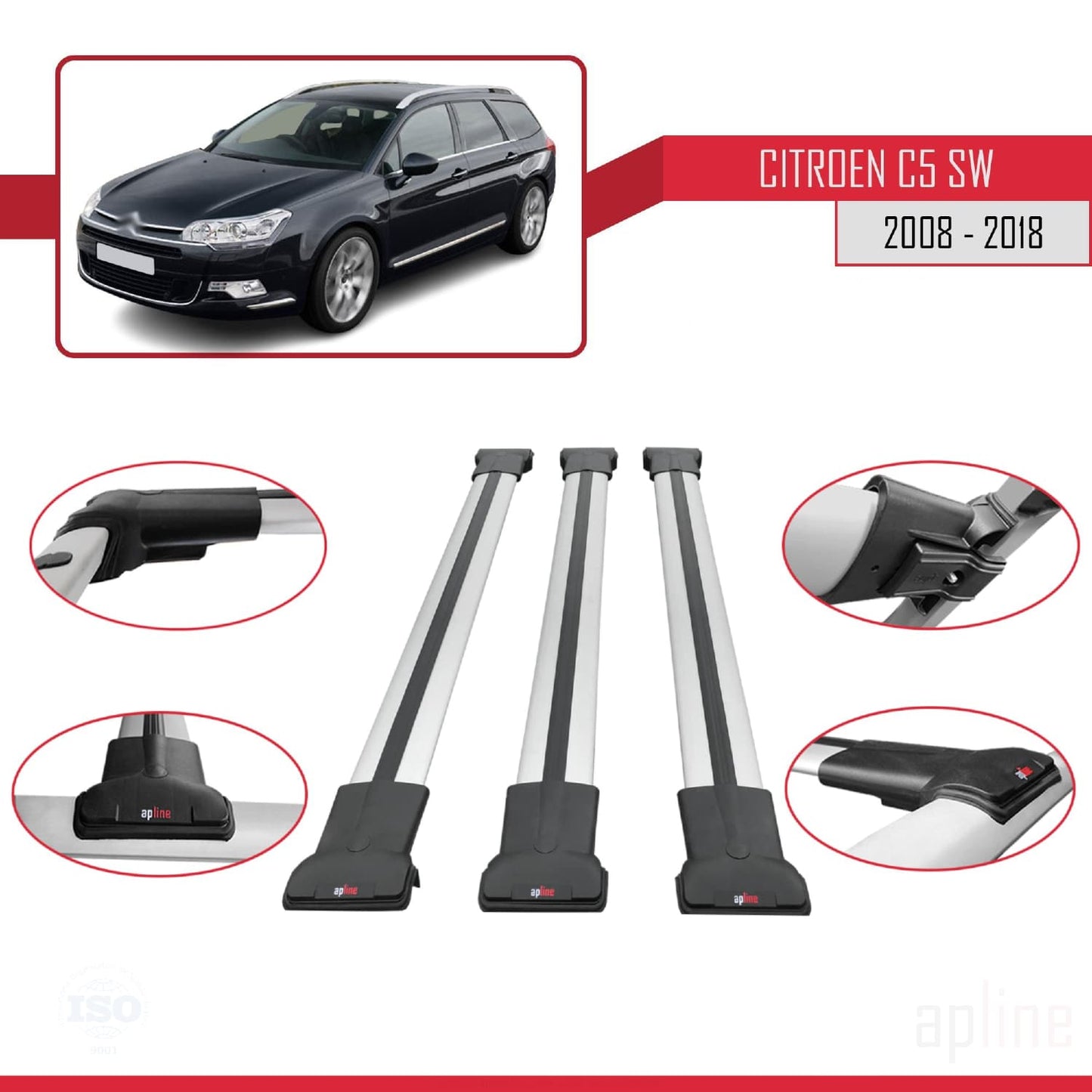 Compatible with Citroen C5 II Tourer 2008-2018 FLY Model Car Roof Rack Cross Bar Grey Aluminium 3 Bars