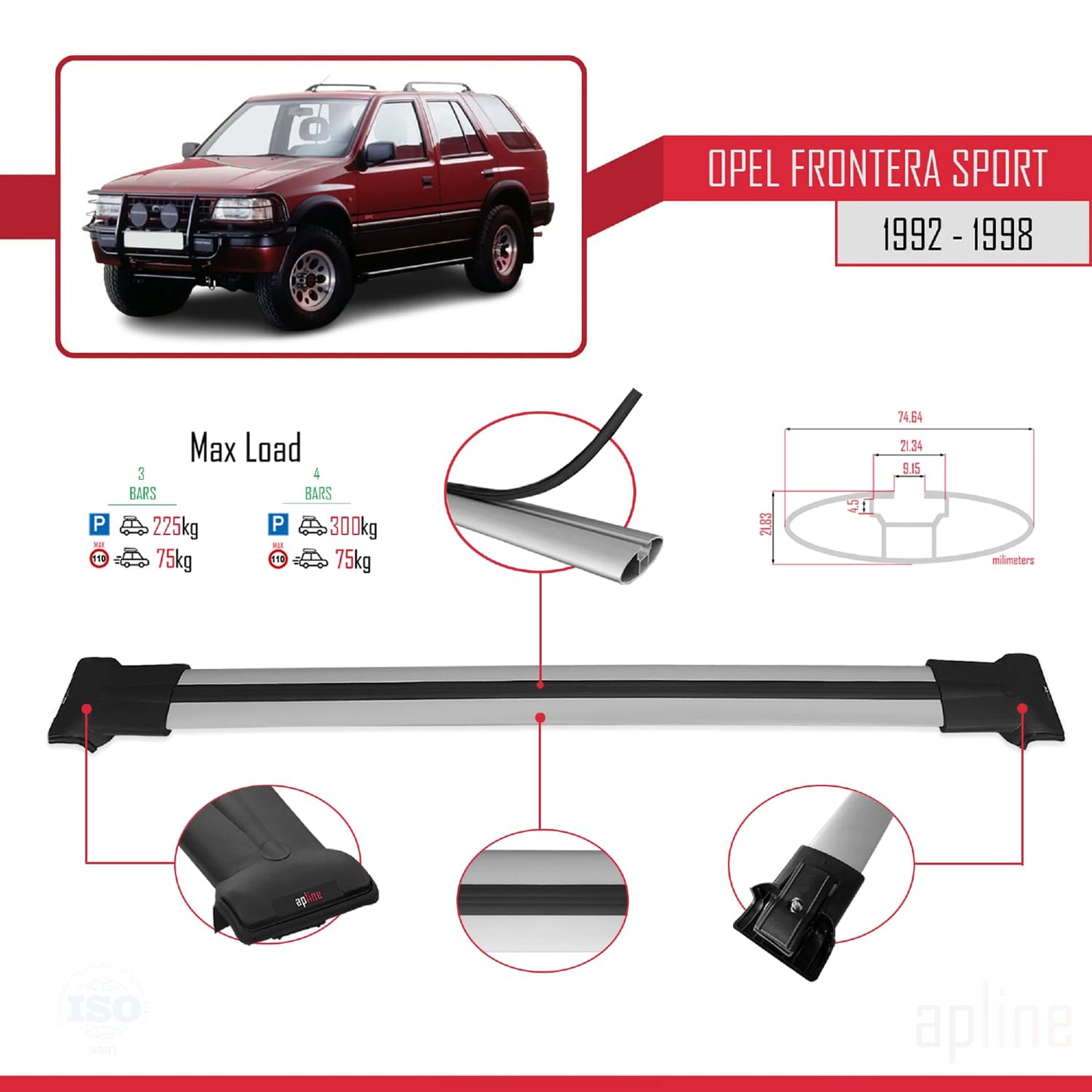Compatible with Opel Frontera Sport 1992-1998 FLY Model Car Roof Rack Cross Bar Grey Aluminium 3 Bars