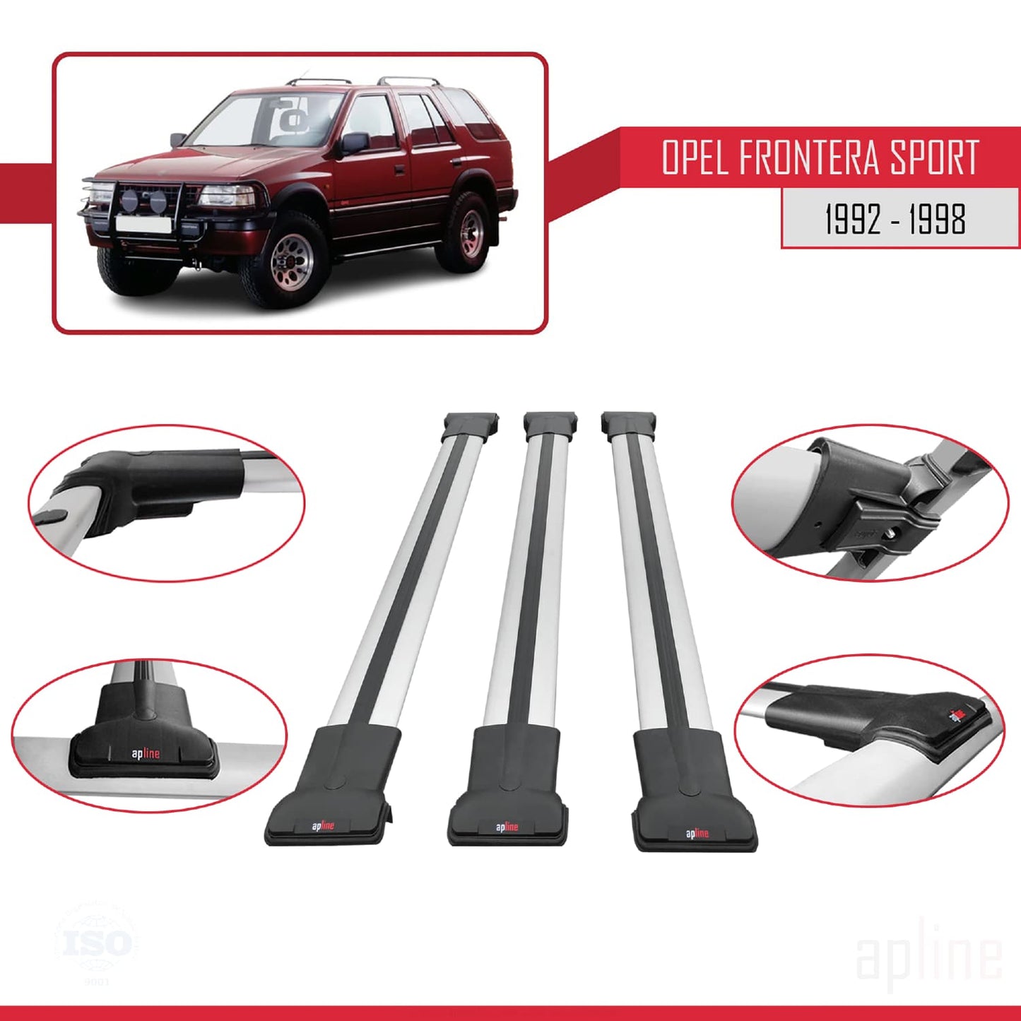 Compatible with Opel Frontera Sport 1992-1998 FLY Model Car Roof Rack Cross Bar Grey Aluminium 3 Bars