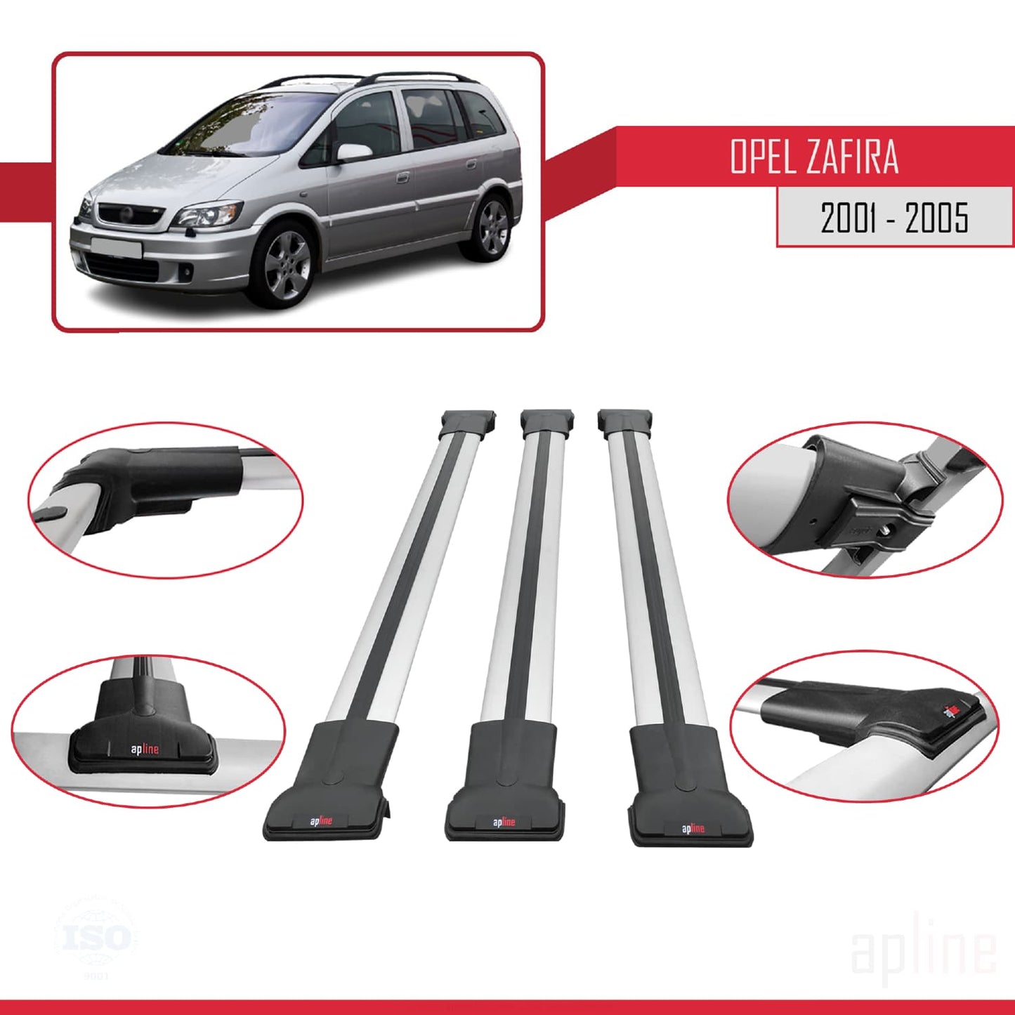 Compatible with Opel Zafira A (T98) 2001-2005 FLY Model Car Roof Rack Cross Bar Grey Aluminium 3 Bars