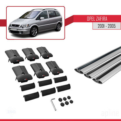 Compatible with Opel Zafira A (T98) 2001-2005 FLY Model Car Roof Rack Cross Bar Grey Aluminium 3 Bars