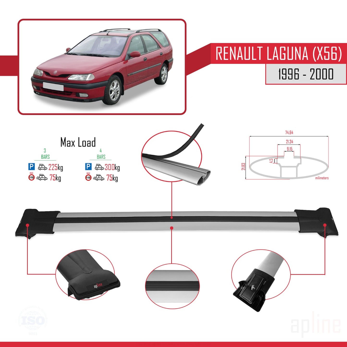 Compatible with Renault Laguna (X56) 1996-200 FLY Model Car Roof Rack Cross Bar Grey Aluminium 3 Bars