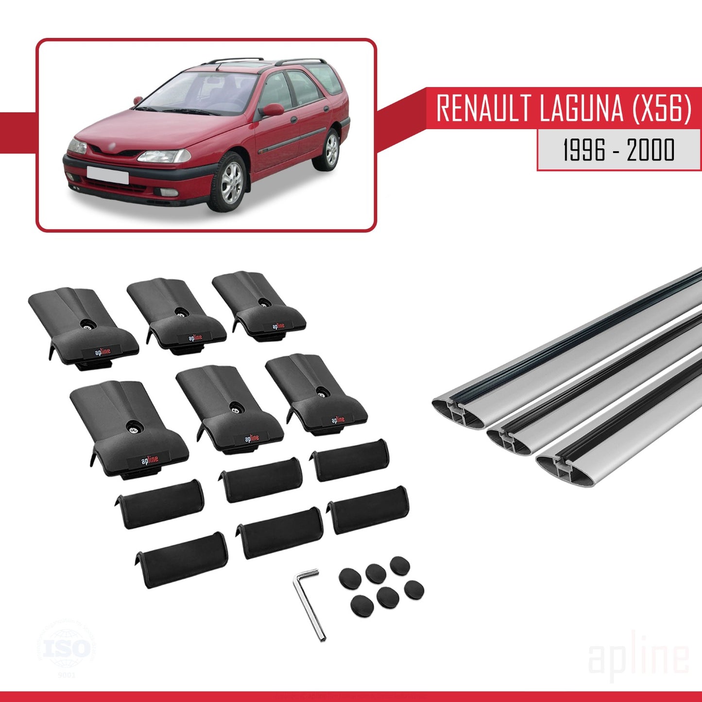 Compatible with Renault Laguna (X56) 1996-200 FLY Model Car Roof Rack Cross Bar Grey Aluminium 3 Bars