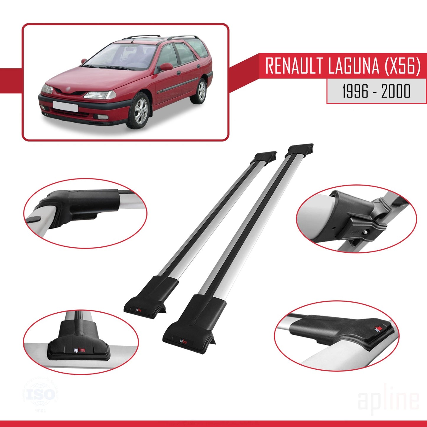 Compatible with Renault Laguna (X56) 1996-200 FLY Model Car Roof Rack Cross Bar Grey Aluminium 2 Bars